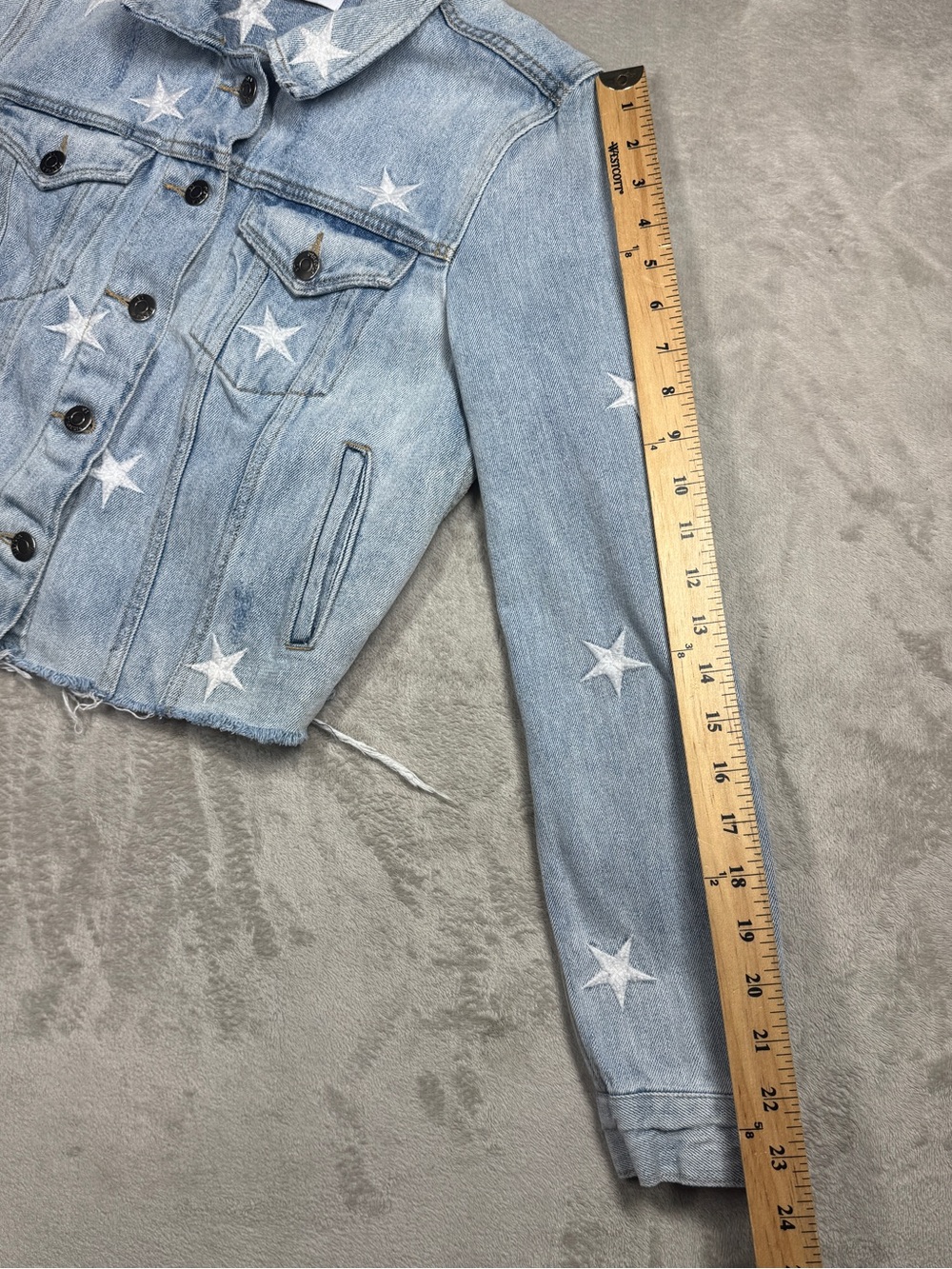 Pistola Brando Embroidered Star Distressed Cut Off Denim Blue Jean Jacket Small - Picture 8 of 15